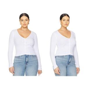 Good American Cotton Pointelle Cardigan in White